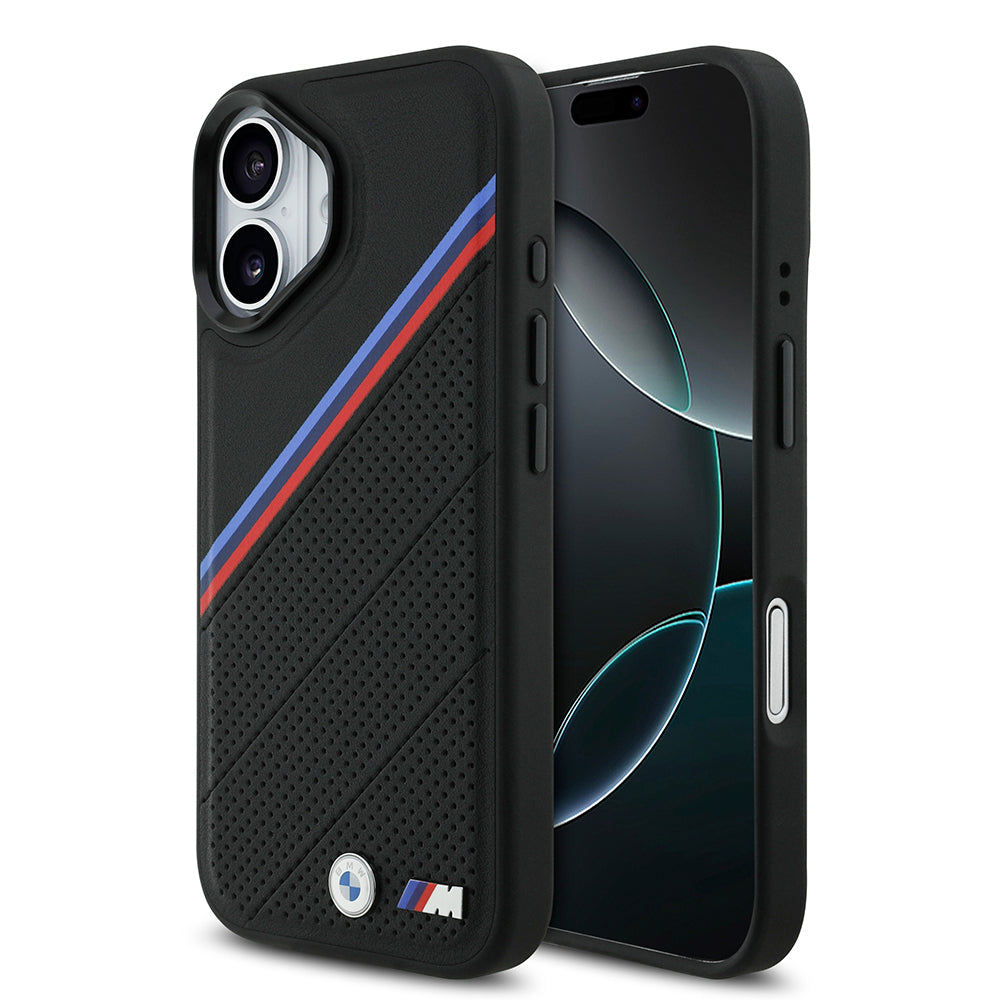 BMW iPhone 17 Orjinal Lisanslı M-safe Şarj Özellikli M Logolu Üç Şeritli Delikli Deri Kılıf