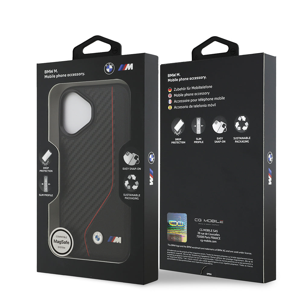 BMW iPhone 17 Orjinal Lisanslı M-safe Şarj Özellikli Metal BMW ve M Logolu PU Karbon Tasarımlı Kılıf