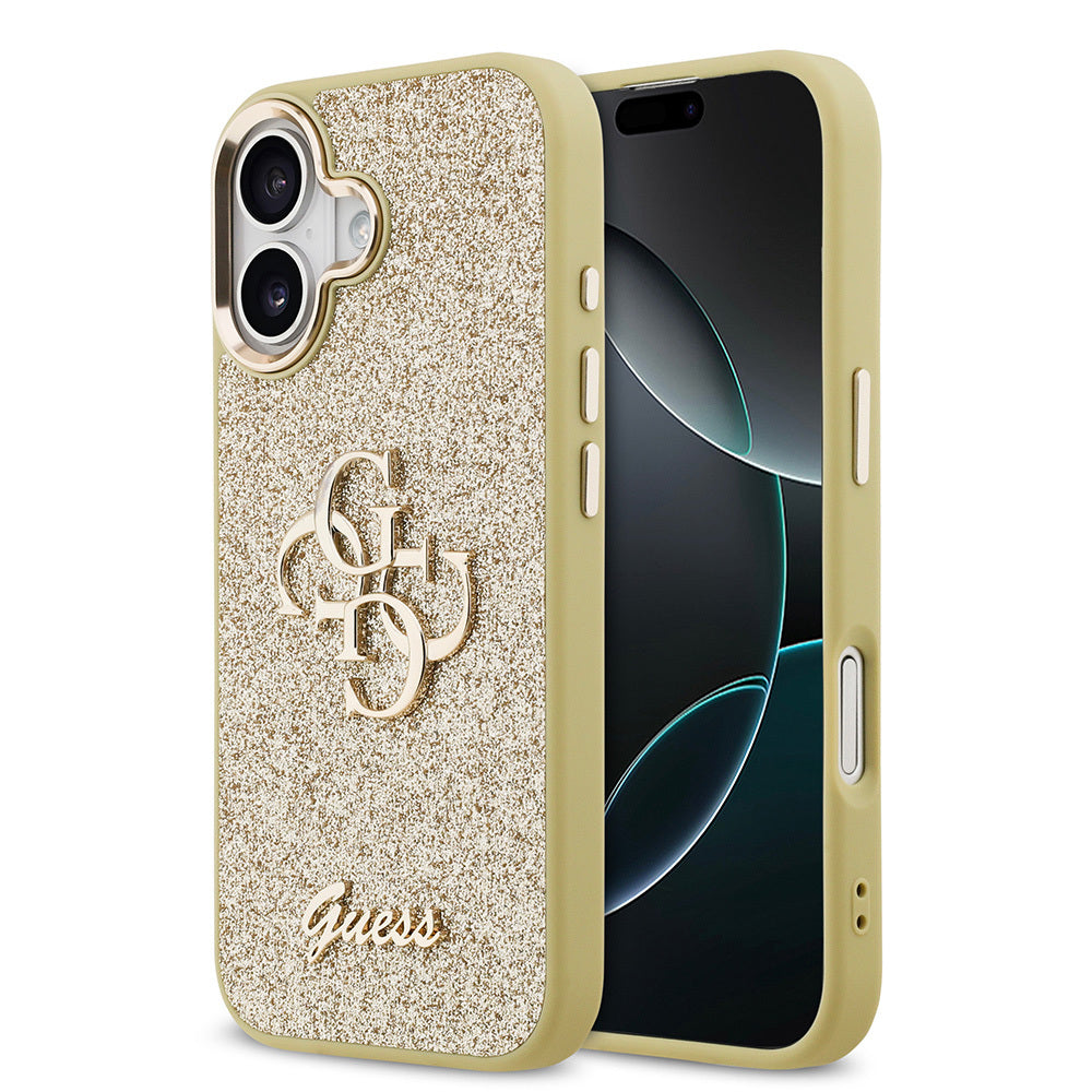 Guess iPhone 17 Orjinal Lisanslı 4G Büyük Metal Kamera Çerçeveli ve Logolu Glitter Kılıf