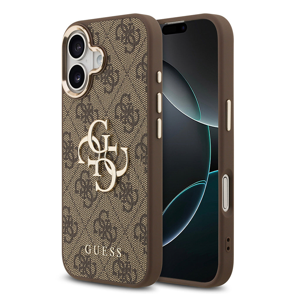 Guess iPhone 17 Orjinal Lisanslı Gold Metal Kamera Çerçeveli 4G Desenli Metal Büyük 4G ve Yazı Logolu Kılıf