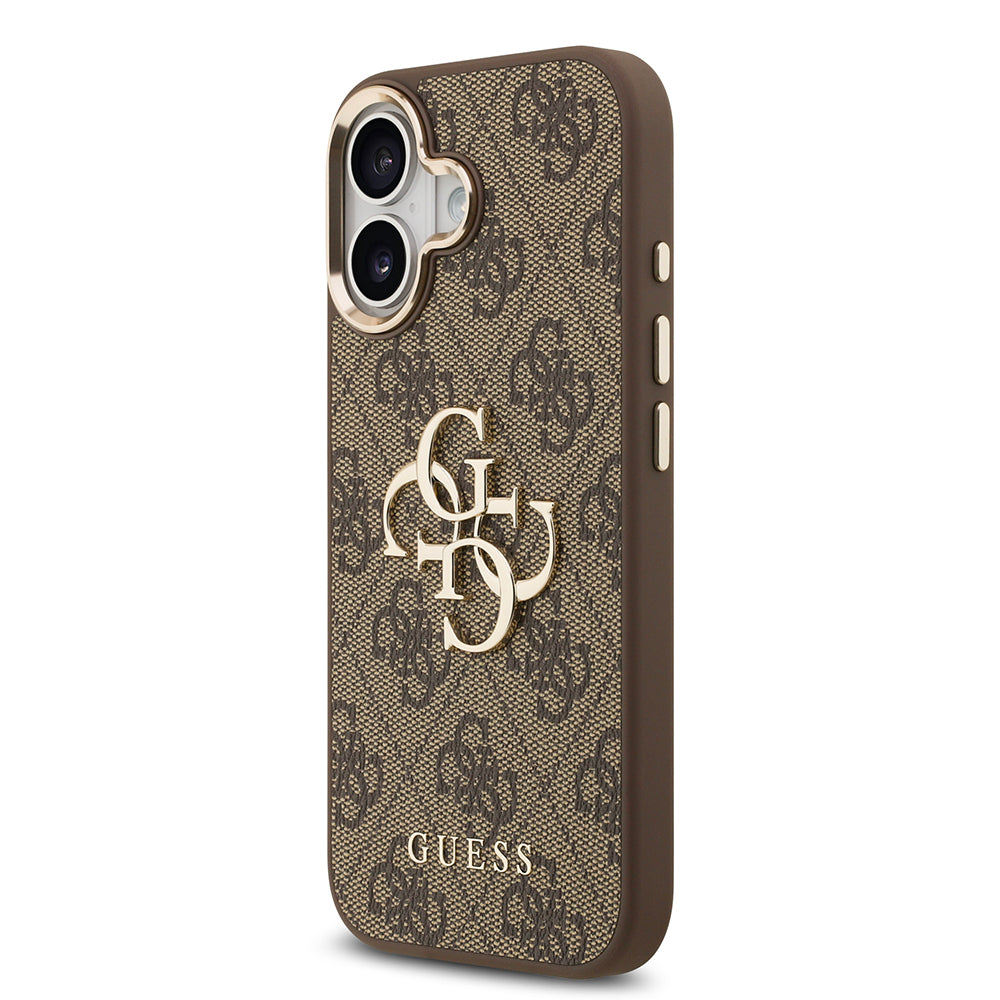 Guess iPhone 17 Orjinal Lisanslı Gold Metal Kamera Çerçeveli 4G Desenli Metal Büyük 4G ve Yazı Logolu Kılıf