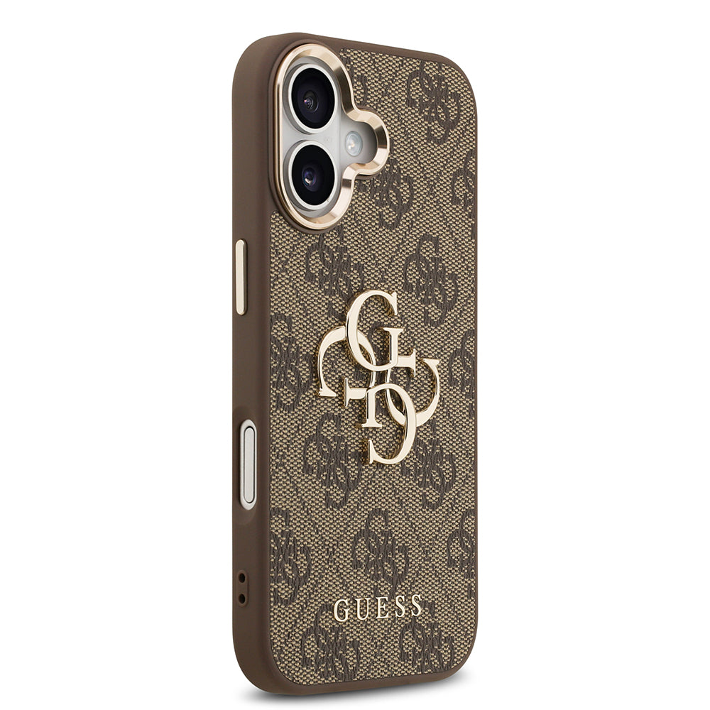 Guess iPhone 17 Orjinal Lisanslı Gold Metal Kamera Çerçeveli 4G Desenli Metal Büyük 4G ve Yazı Logolu Kılıf