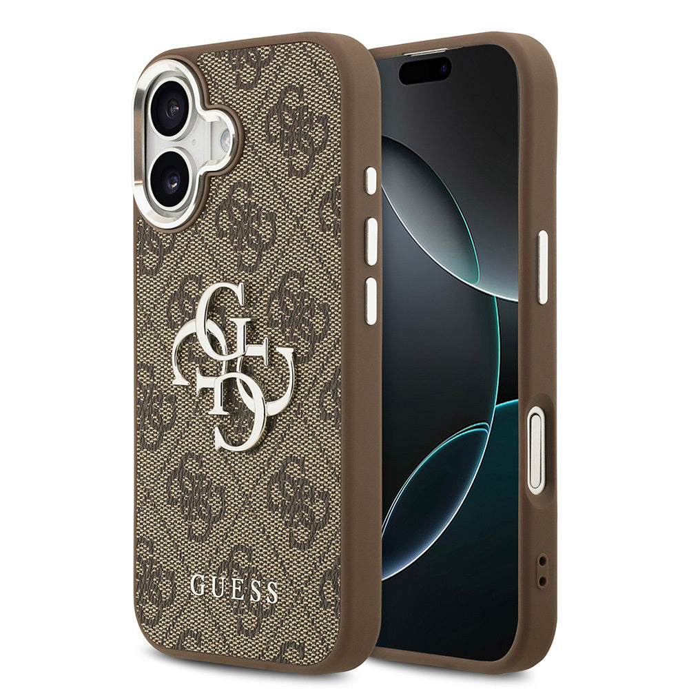 Guess iPhone 17 Orjinal Lisanslı Gümüş Metal Kamera Çerçeveli 4G Desenli Metal Büyük 4G ve Yazı Logolu Kılıf