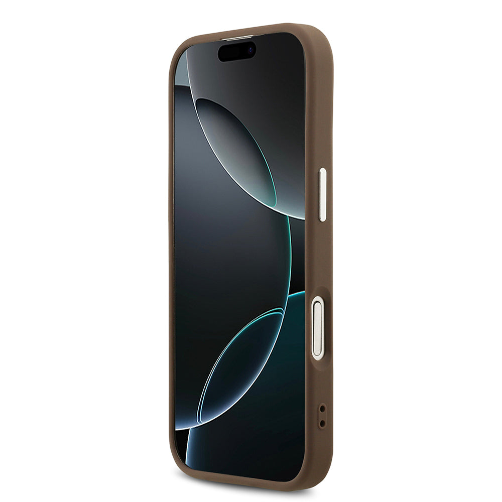 Guess iPhone 17 Orjinal Lisanslı Gümüş Metal Kamera Çerçeveli 4G Desenli Metal Büyük 4G ve Yazı Logolu Kılıf