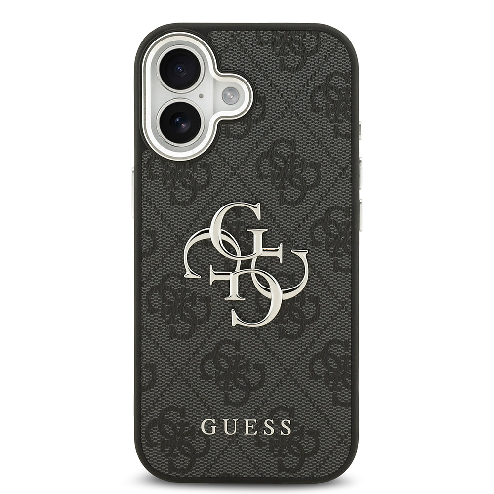 Guess iPhone 17 Orjinal Lisanslı Gümüş Metal Kamera Çerçeveli 4G Desenli Metal Büyük 4G ve Yazı Logolu Kılıf