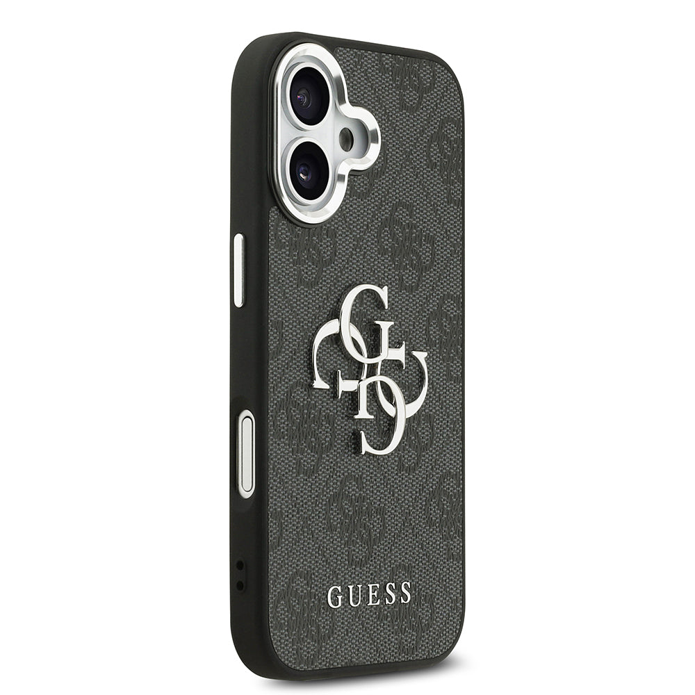 Guess iPhone 17 Orjinal Lisanslı Gümüş Metal Kamera Çerçeveli 4G Desenli Metal Büyük 4G ve Yazı Logolu Kılıf