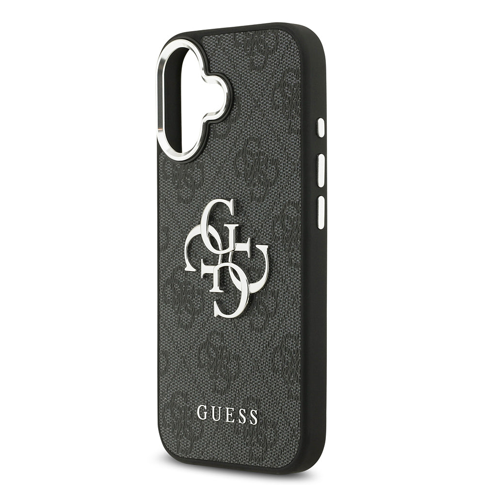 Guess iPhone 17 Orjinal Lisanslı Gümüş Metal Kamera Çerçeveli 4G Desenli Metal Büyük 4G ve Yazı Logolu Kılıf