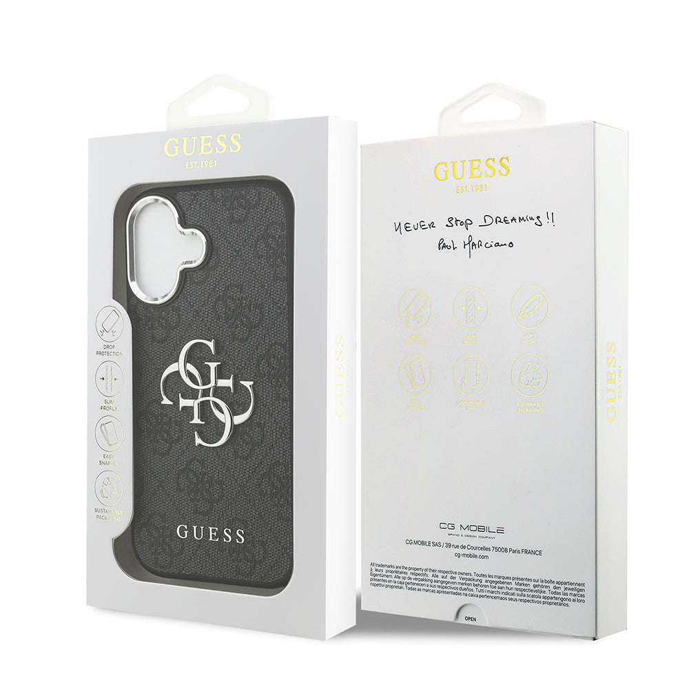 Guess iPhone 17 Orjinal Lisanslı Gümüş Metal Kamera Çerçeveli 4G Desenli Metal Büyük 4G ve Yazı Logolu Kılıf