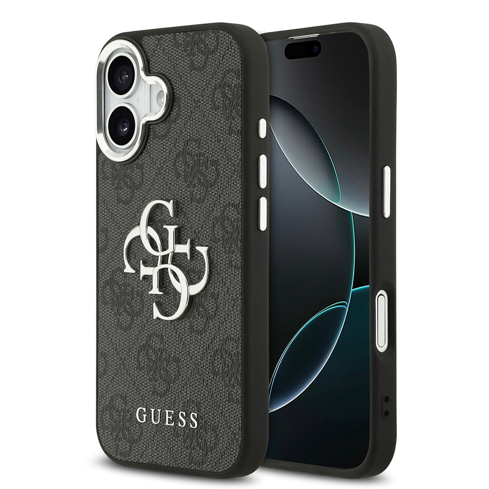 Guess iPhone 17 Orjinal Lisanslı Gümüş Metal Kamera Çerçeveli 4G Desenli Metal Büyük 4G ve Yazı Logolu Kılıf