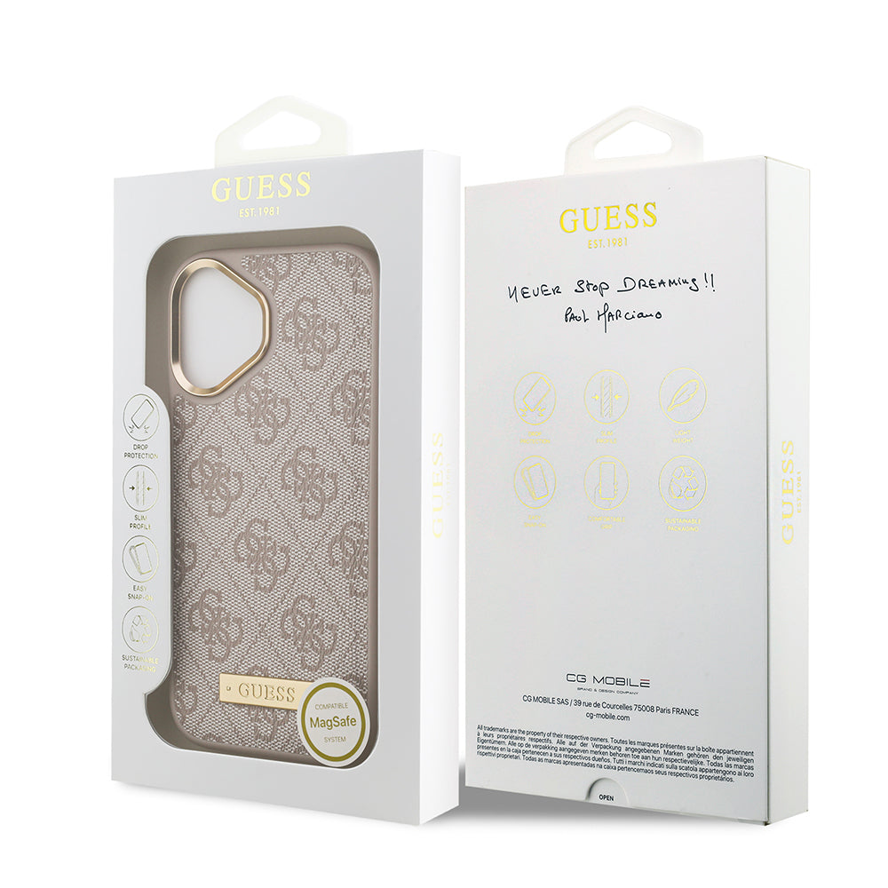 Guess iPhone 17 Orjinal Lisanslı M-safe Şarj Özellikli 4G Desenli PU Metal Plaka Klasik Logolu Kılıf