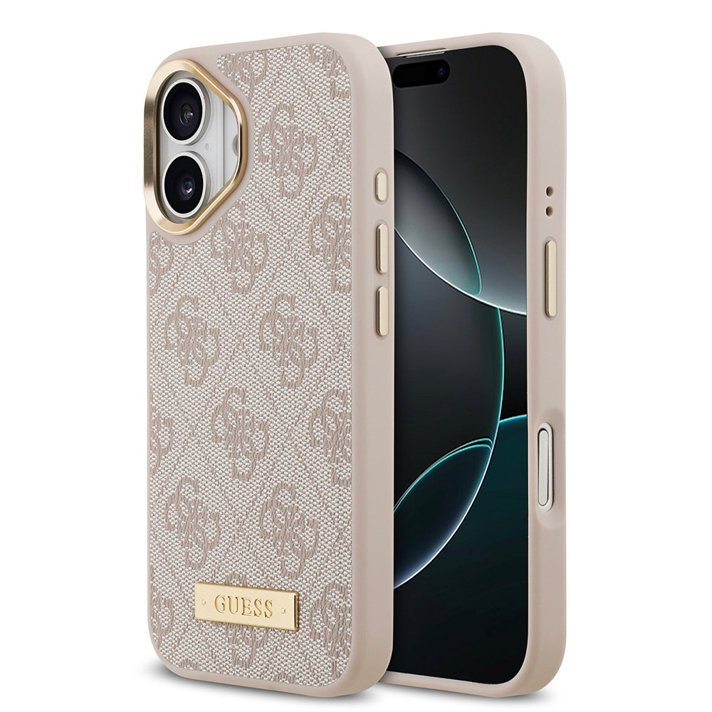 Guess iPhone 17 Orjinal Lisanslı M-safe Şarj Özellikli 4G Desenli PU Metal Plaka Klasik Logolu Kılıf