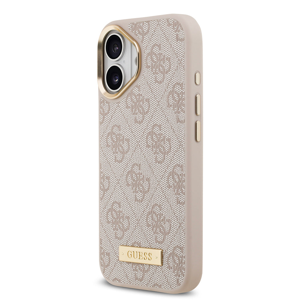 Guess iPhone 17 Orjinal Lisanslı M-safe Şarj Özellikli 4G Desenli PU Metal Plaka Klasik Logolu Kılıf