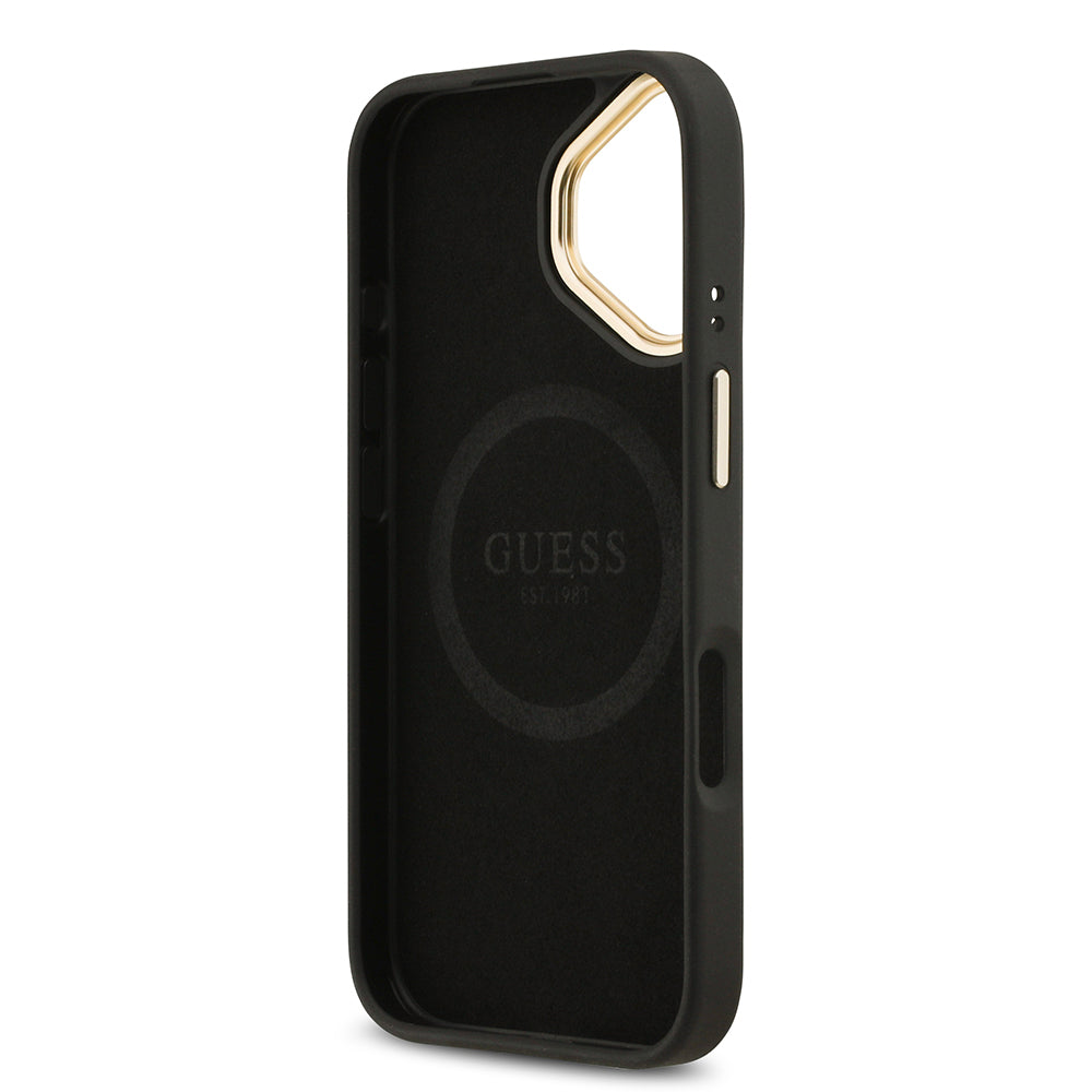 Guess iPhone 17 Orjinal Lisanslı M-safe Şarj Özellikli 4G Desenli PU Metal Plaka Klasik Logolu Kılıf