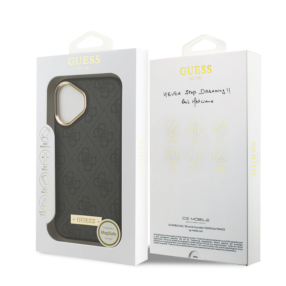 Guess iPhone 17 Orjinal Lisanslı M-safe Şarj Özellikli 4G Desenli PU Metal Plaka Klasik Logolu Kılıf