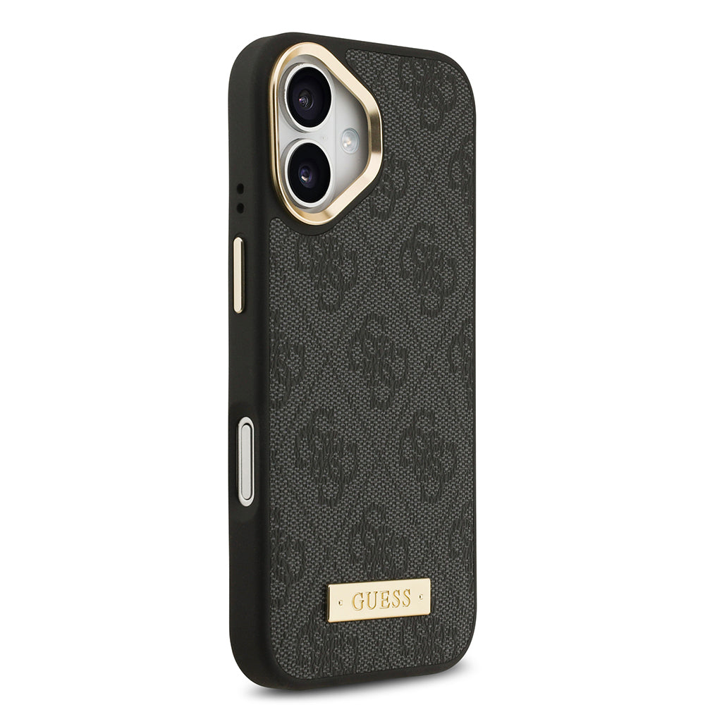 Guess iPhone 17 Orjinal Lisanslı M-safe Şarj Özellikli 4G Desenli PU Metal Plaka Klasik Logolu Kılıf