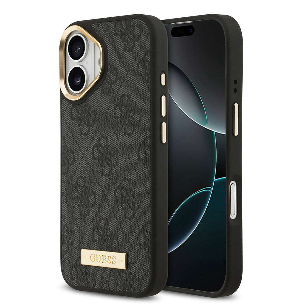 Guess iPhone 17 Orjinal Lisanslı M-safe Şarj Özellikli 4G Desenli PU Metal Plaka Klasik Logolu Kılıf