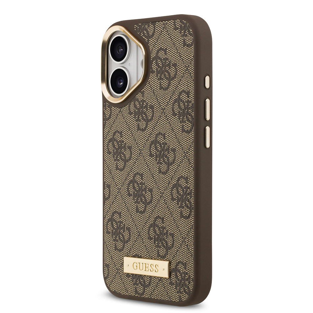 Guess iPhone 17 Orjinal Lisanslı M-safe Şarj Özellikli 4G Desenli PU Metal Plaka Klasik Logolu Kılıf