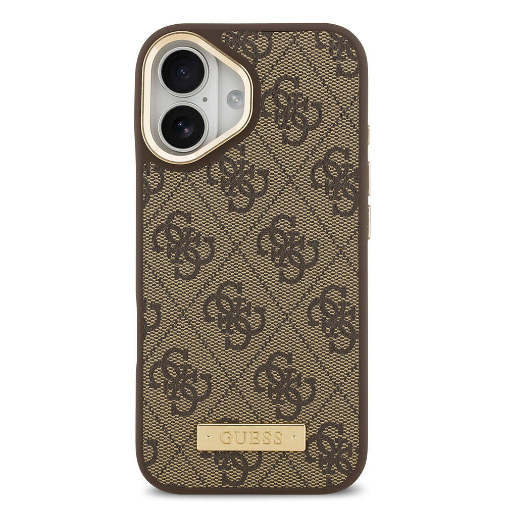 Guess iPhone 17 Orjinal Lisanslı M-safe Şarj Özellikli 4G Desenli PU Metal Plaka Klasik Logolu Kılıf