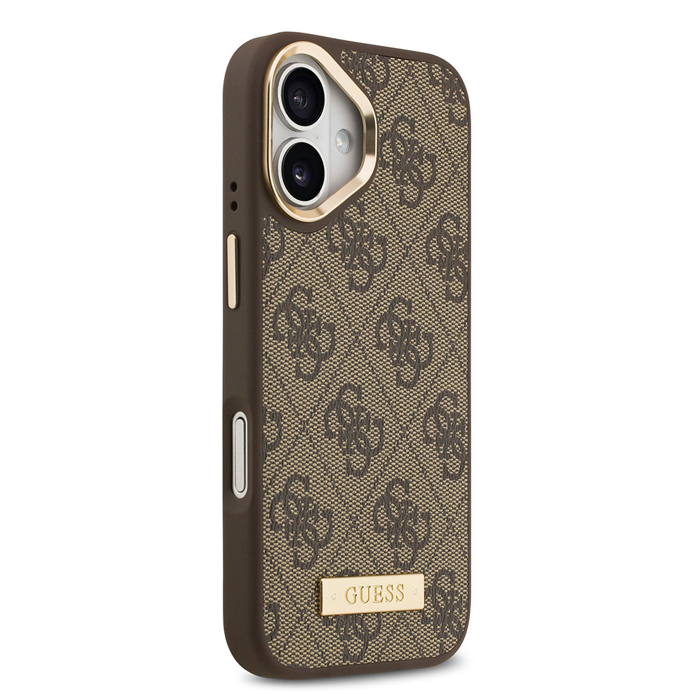 Guess iPhone 17 Orjinal Lisanslı M-safe Şarj Özellikli 4G Desenli PU Metal Plaka Klasik Logolu Kılıf