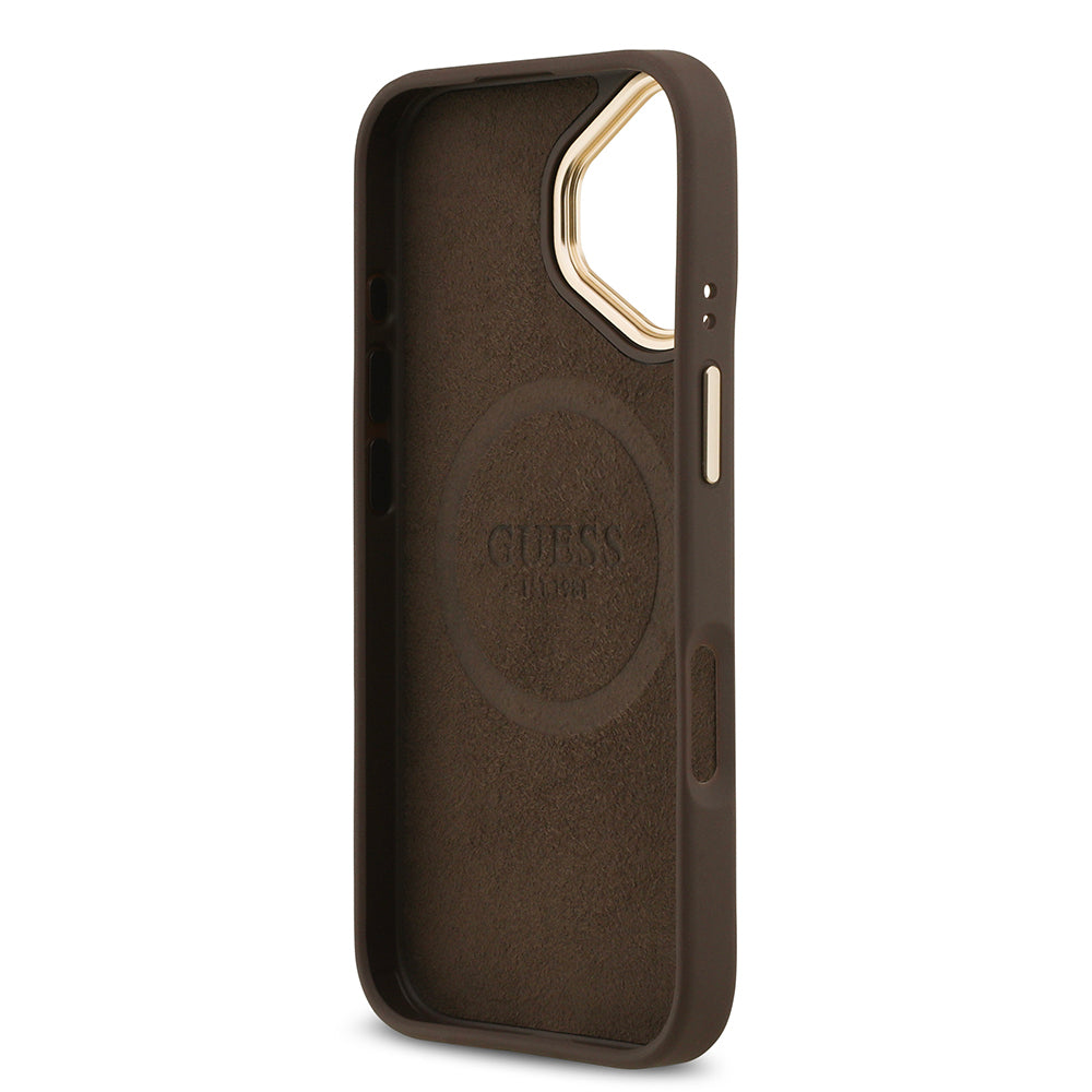 Guess iPhone 17 Orjinal Lisanslı M-safe Şarj Özellikli 4G Desenli PU Metal Plaka Klasik Logolu Kılıf