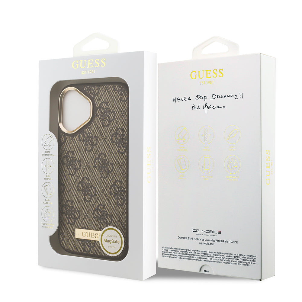 Guess iPhone 17 Orjinal Lisanslı M-safe Şarj Özellikli 4G Desenli PU Metal Plaka Klasik Logolu Kılıf