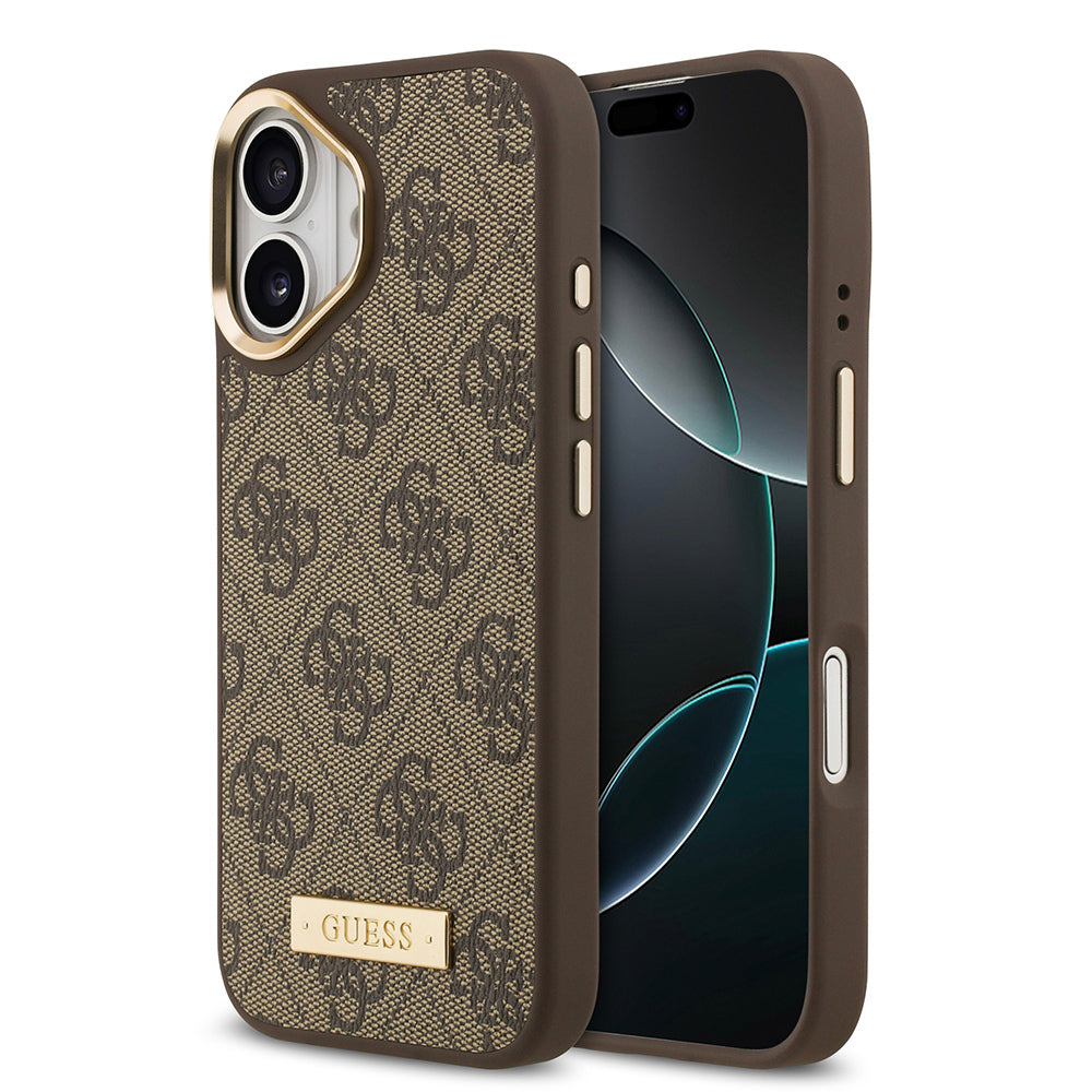 Guess iPhone 17 Orjinal Lisanslı M-safe Şarj Özellikli 4G Desenli PU Metal Plaka Klasik Logolu Kılıf