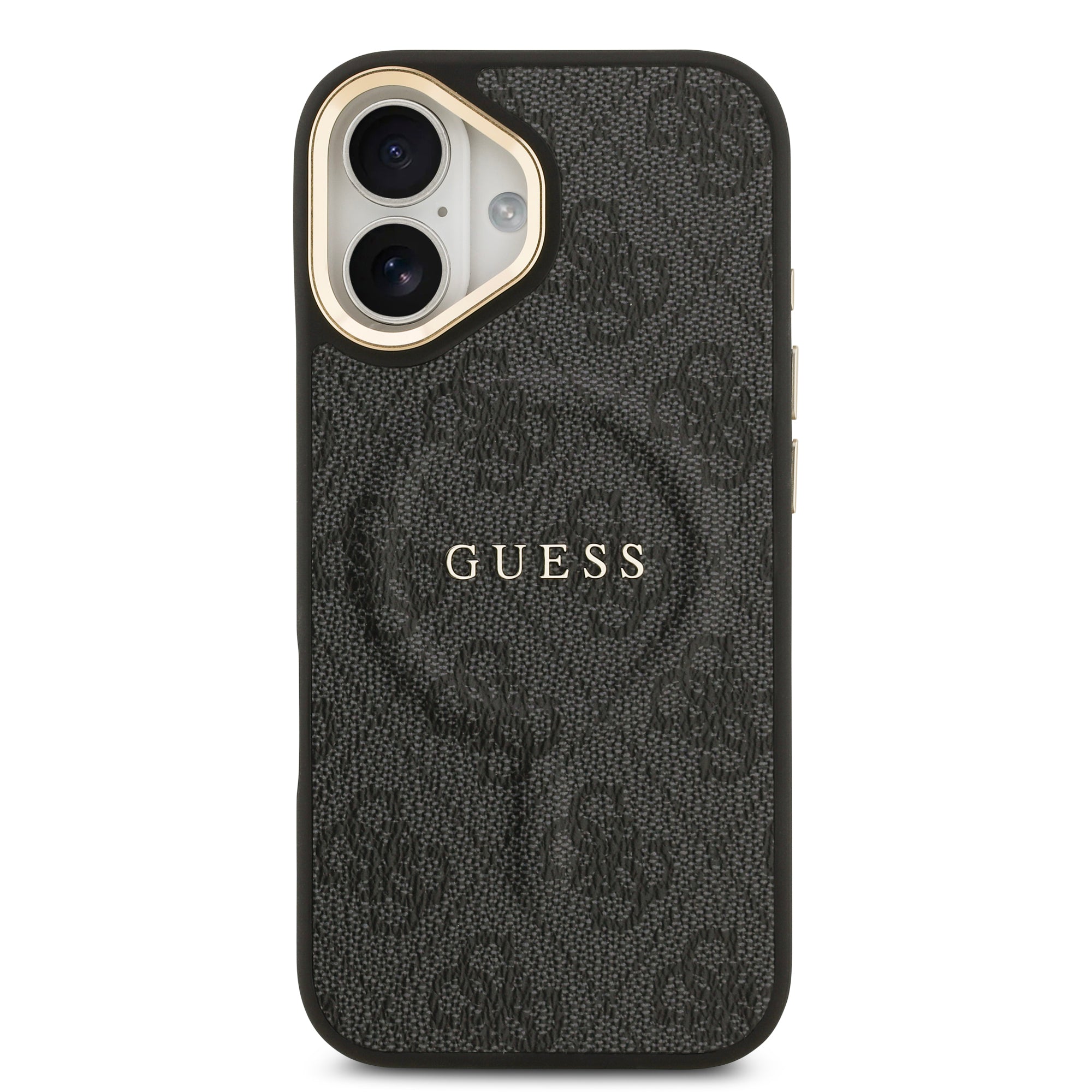 Guess iPhone 17 Orjinal Lisanslı M-safe Şarj Özellikli Gold Metal Kamera Çerçeveli PU Deri 4G Desenli Yazı Logolu Kılıf