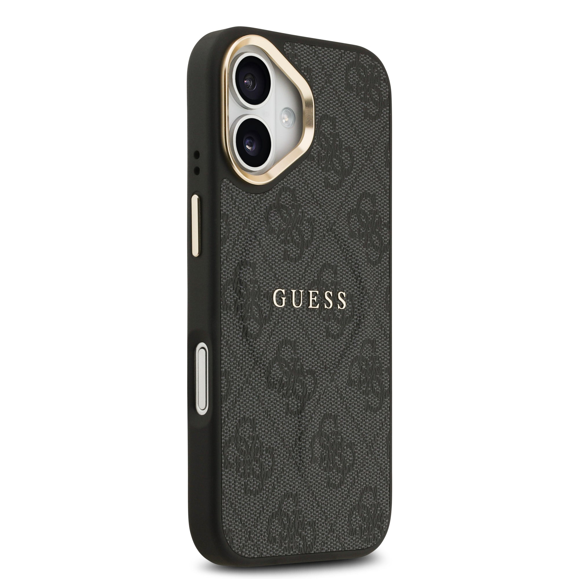 Guess iPhone 17 Orjinal Lisanslı M-safe Şarj Özellikli Gold Metal Kamera Çerçeveli PU Deri 4G Desenli Yazı Logolu Kılıf