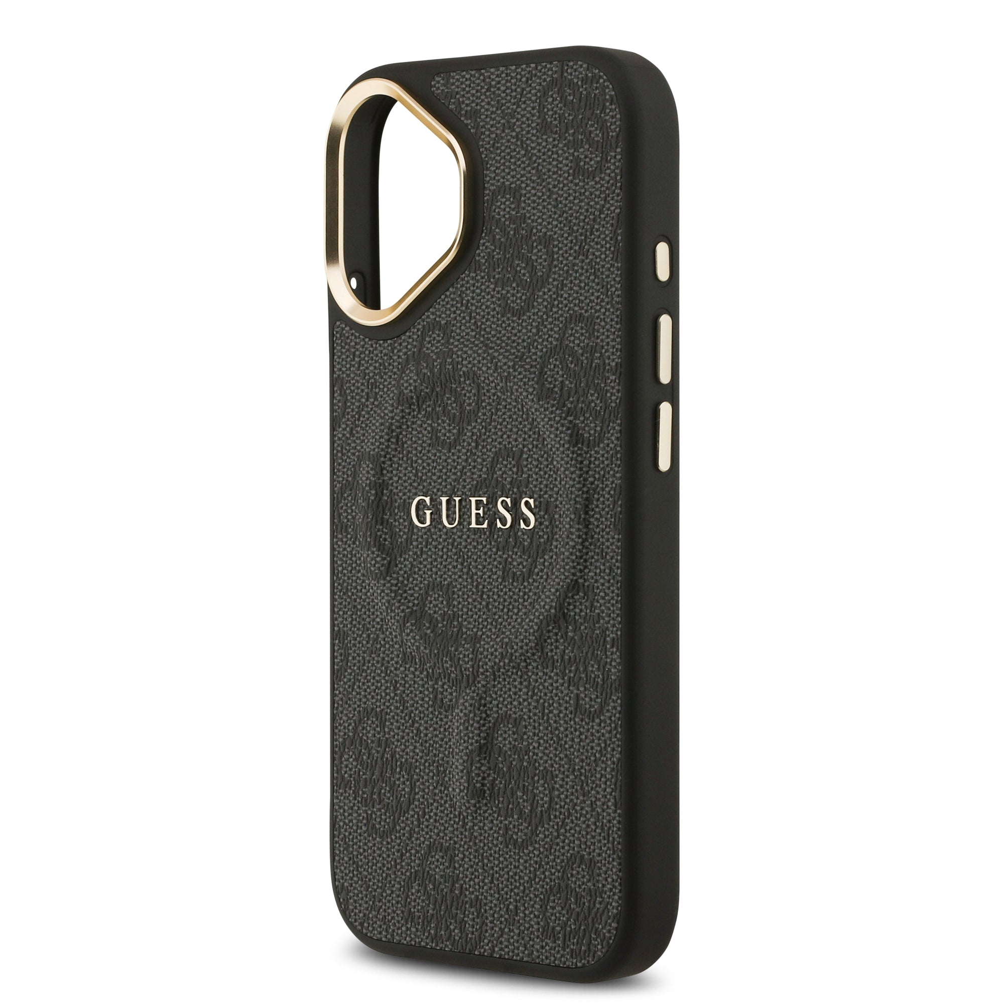 Guess iPhone 17 Orjinal Lisanslı M-safe Şarj Özellikli Gold Metal Kamera Çerçeveli PU Deri 4G Desenli Yazı Logolu Kılıf