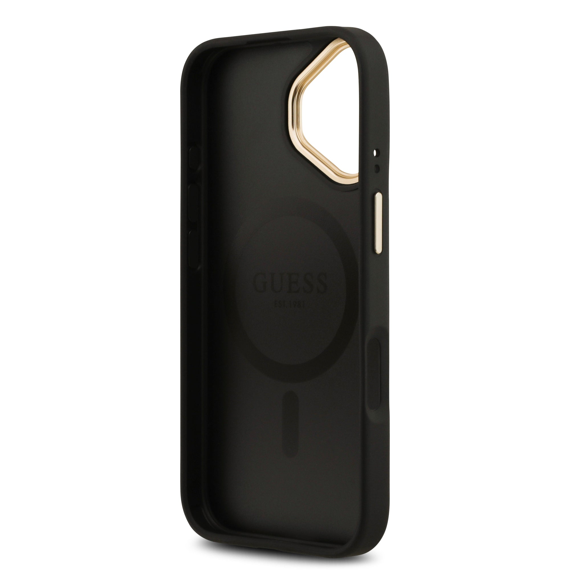 Guess iPhone 17 Orjinal Lisanslı M-safe Şarj Özellikli Gold Metal Kamera Çerçeveli PU Deri 4G Desenli Yazı Logolu Kılıf