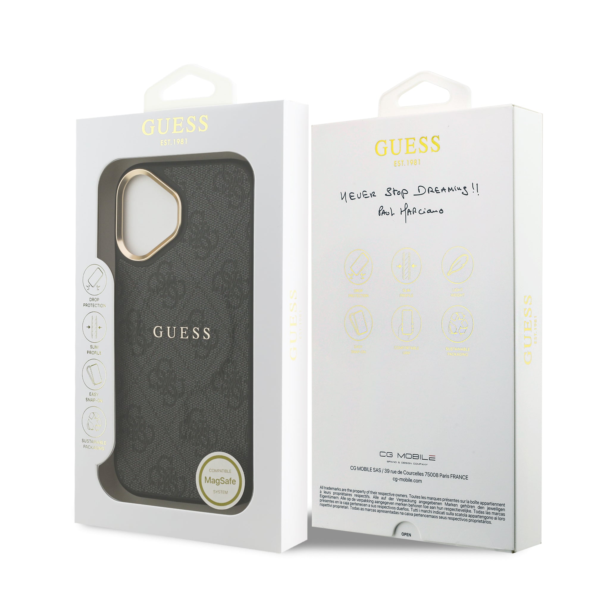 Guess iPhone 17 Orjinal Lisanslı M-safe Şarj Özellikli Gold Metal Kamera Çerçeveli PU Deri 4G Desenli Yazı Logolu Kılıf