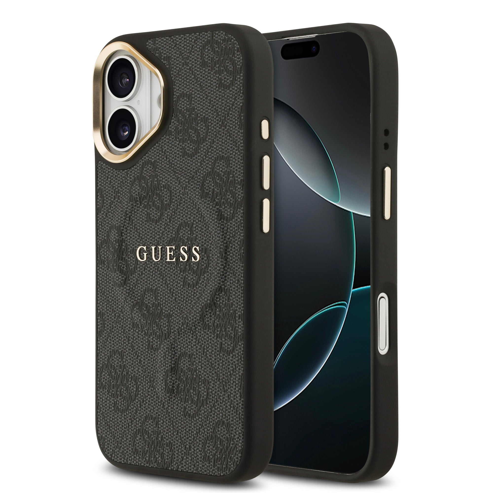 Guess iPhone 17 Orjinal Lisanslı M-safe Şarj Özellikli Gold Metal Kamera Çerçeveli PU Deri 4G Desenli Yazı Logolu Kılıf