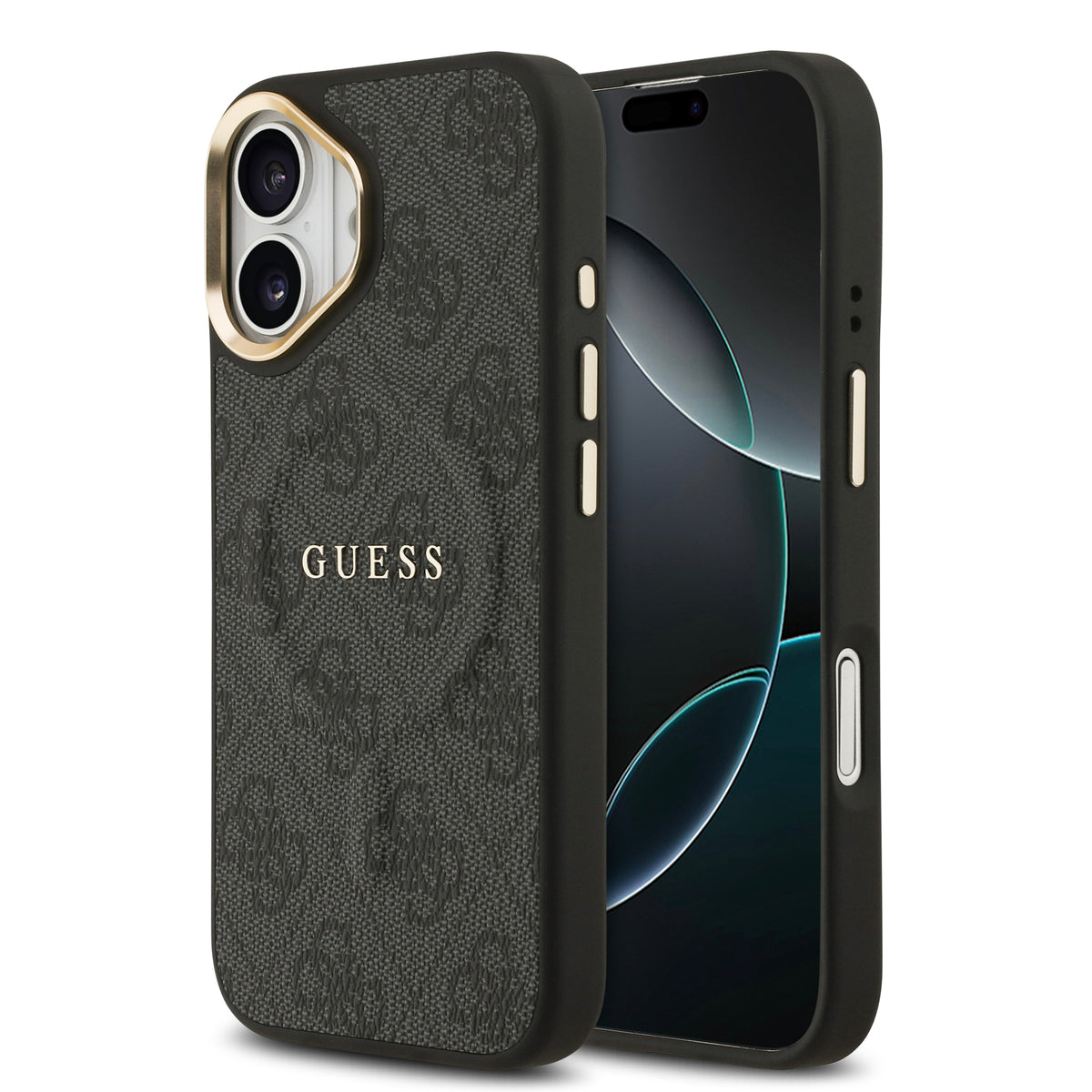Guess iPhone 17 Orjinal Lisanslı M-safe Şarj Özellikli Gold Metal Kamera Çerçeveli PU Deri 4G Desenli Yazı Logolu Kılıf