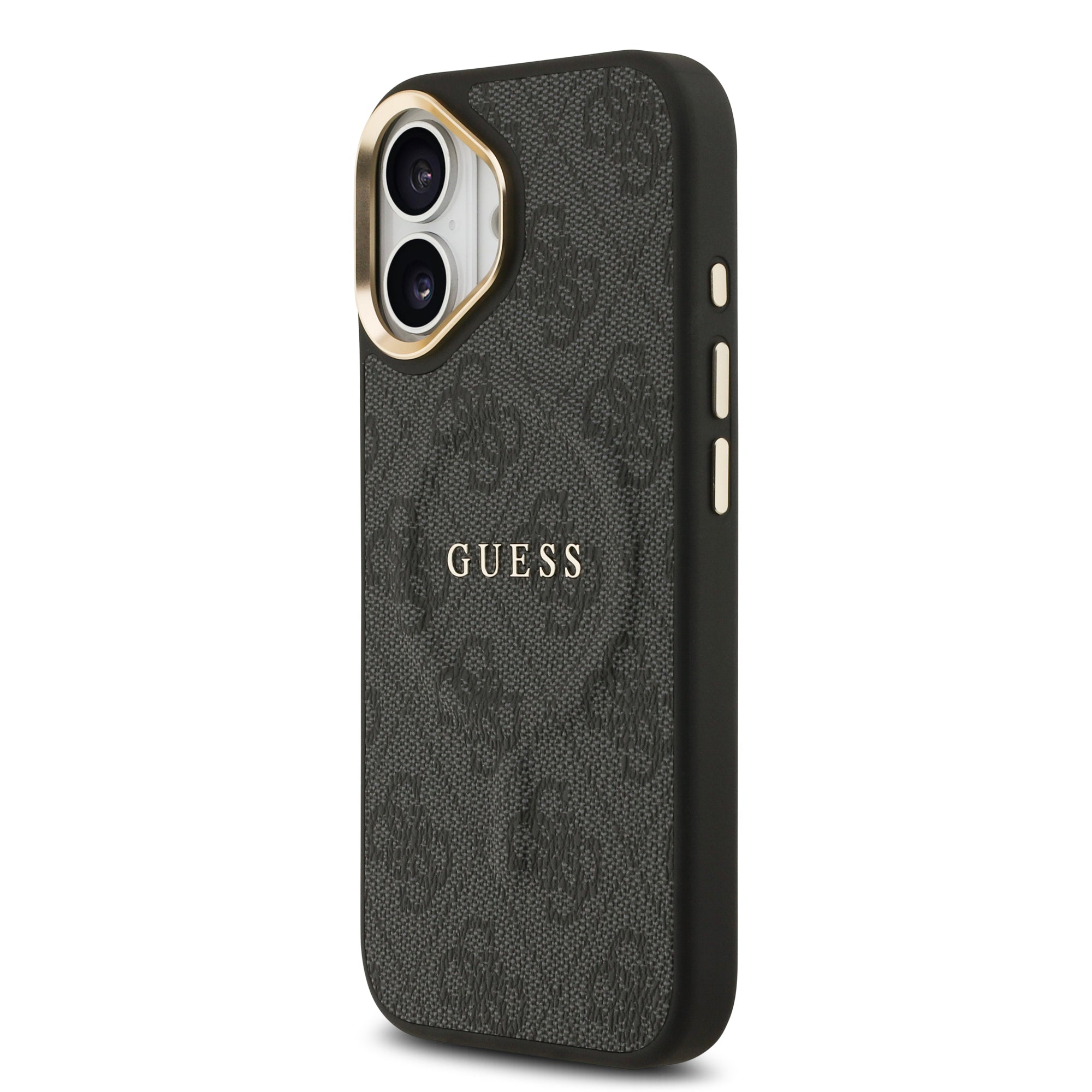 Guess iPhone 17 Orjinal Lisanslı M-safe Şarj Özellikli Gold Metal Kamera Çerçeveli PU Deri 4G Desenli Yazı Logolu Kılıf