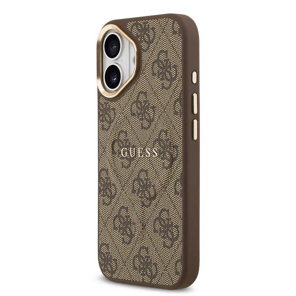 Guess iPhone 17 Orjinal Lisanslı M-safe Şarj Özellikli Gold Metal Kamera Çerçeveli PU Deri 4G Desenli Yazı Logolu Kılıf
