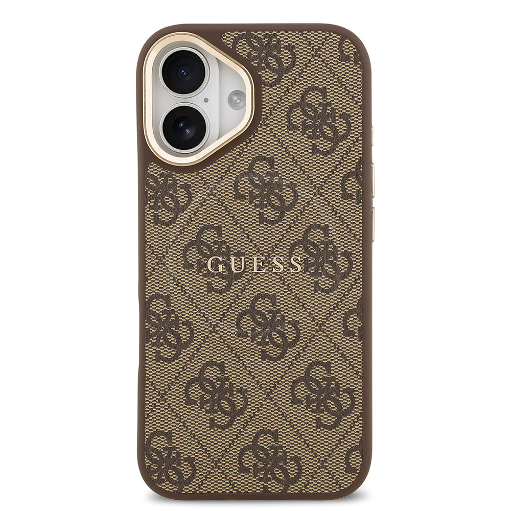 Guess iPhone 17 Orjinal Lisanslı M-safe Şarj Özellikli Gold Metal Kamera Çerçeveli PU Deri 4G Desenli Yazı Logolu Kılıf