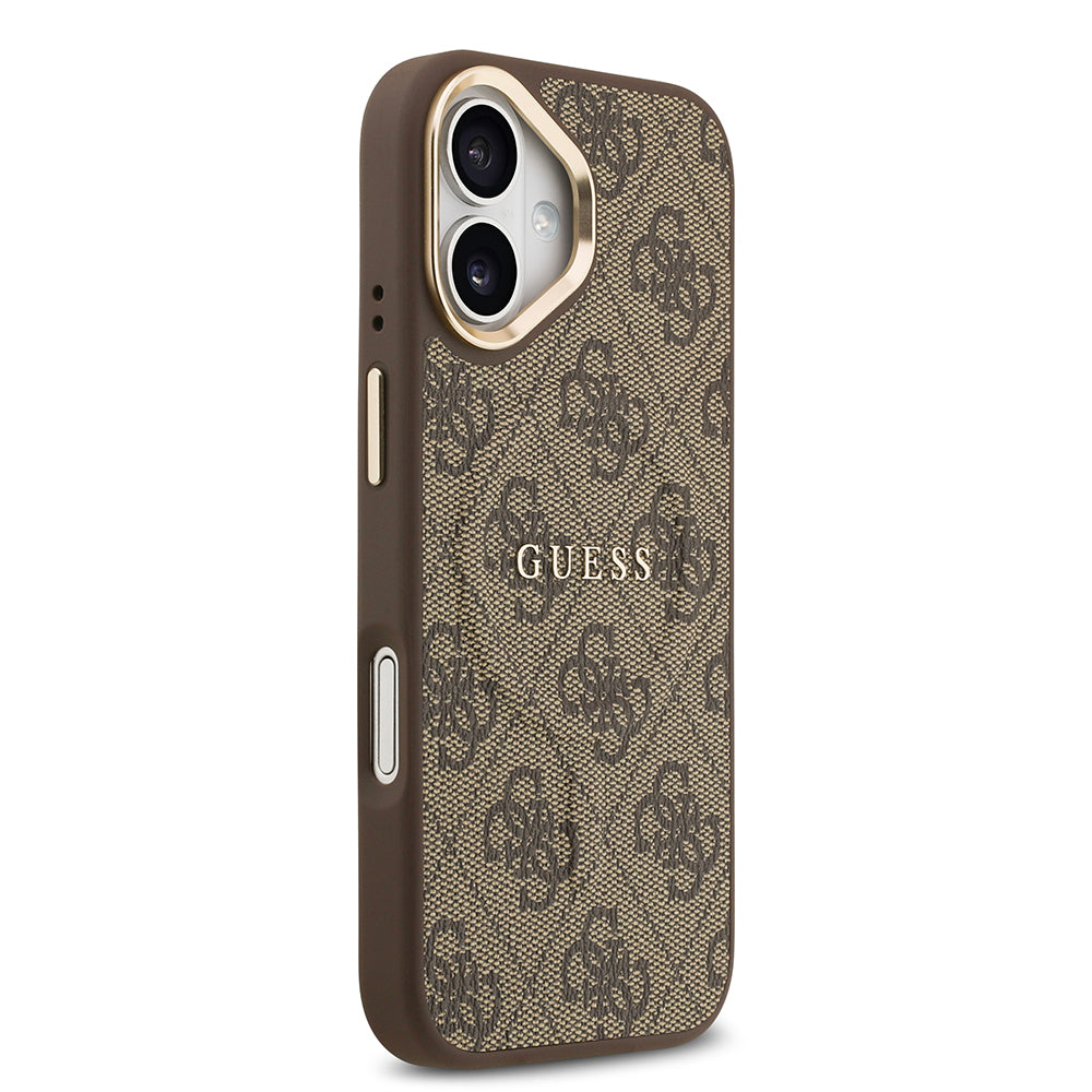 Guess iPhone 17 Orjinal Lisanslı M-safe Şarj Özellikli Gold Metal Kamera Çerçeveli PU Deri 4G Desenli Yazı Logolu Kılıf