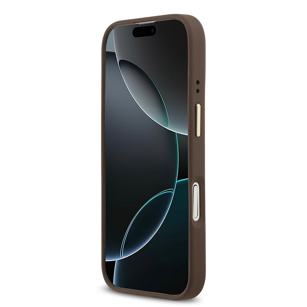 Guess iPhone 17 Orjinal Lisanslı M-safe Şarj Özellikli Gold Metal Kamera Çerçeveli PU Deri 4G Desenli Yazı Logolu Kılıf