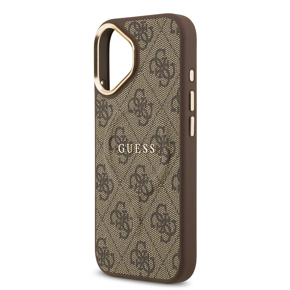 Guess iPhone 17 Orjinal Lisanslı M-safe Şarj Özellikli Gold Metal Kamera Çerçeveli PU Deri 4G Desenli Yazı Logolu Kılıf
