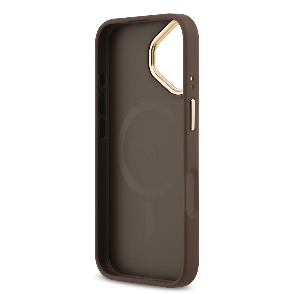 Guess iPhone 17 Orjinal Lisanslı M-safe Şarj Özellikli Gold Metal Kamera Çerçeveli PU Deri 4G Desenli Yazı Logolu Kılıf