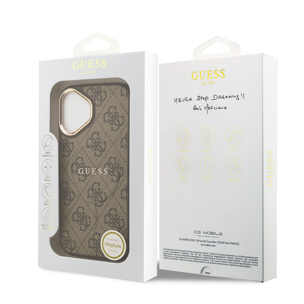 Guess iPhone 17 Orjinal Lisanslı M-safe Şarj Özellikli Gold Metal Kamera Çerçeveli PU Deri 4G Desenli Yazı Logolu Kılıf