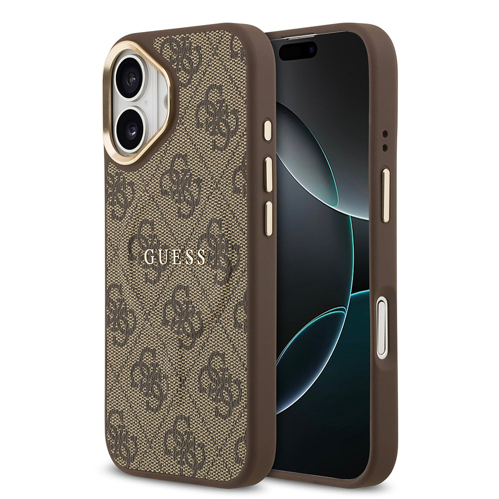 Guess iPhone 17 Orjinal Lisanslı M-safe Şarj Özellikli Gold Metal Kamera Çerçeveli PU Deri 4G Desenli Yazı Logolu Kılıf