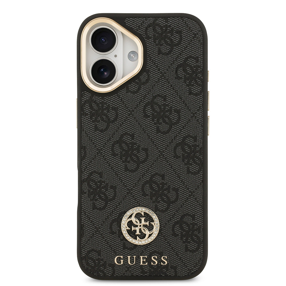 Guess iPhone 17 Orjinal Lisanslı M-safe Şarj Özellikli Gold Metal Kamera Çerçeveli Taşlı 4G Logolu Kılıf