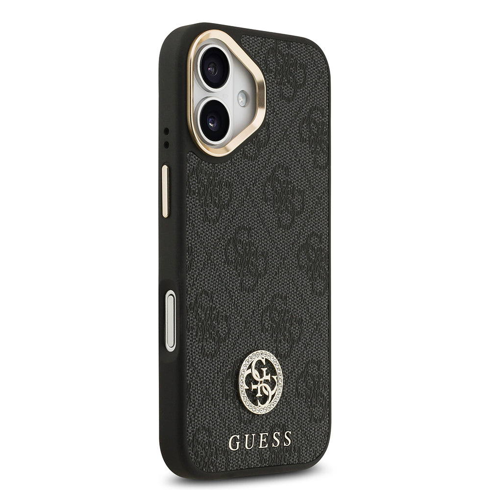 Guess iPhone 17 Orjinal Lisanslı M-safe Şarj Özellikli Gold Metal Kamera Çerçeveli Taşlı 4G Logolu Kılıf