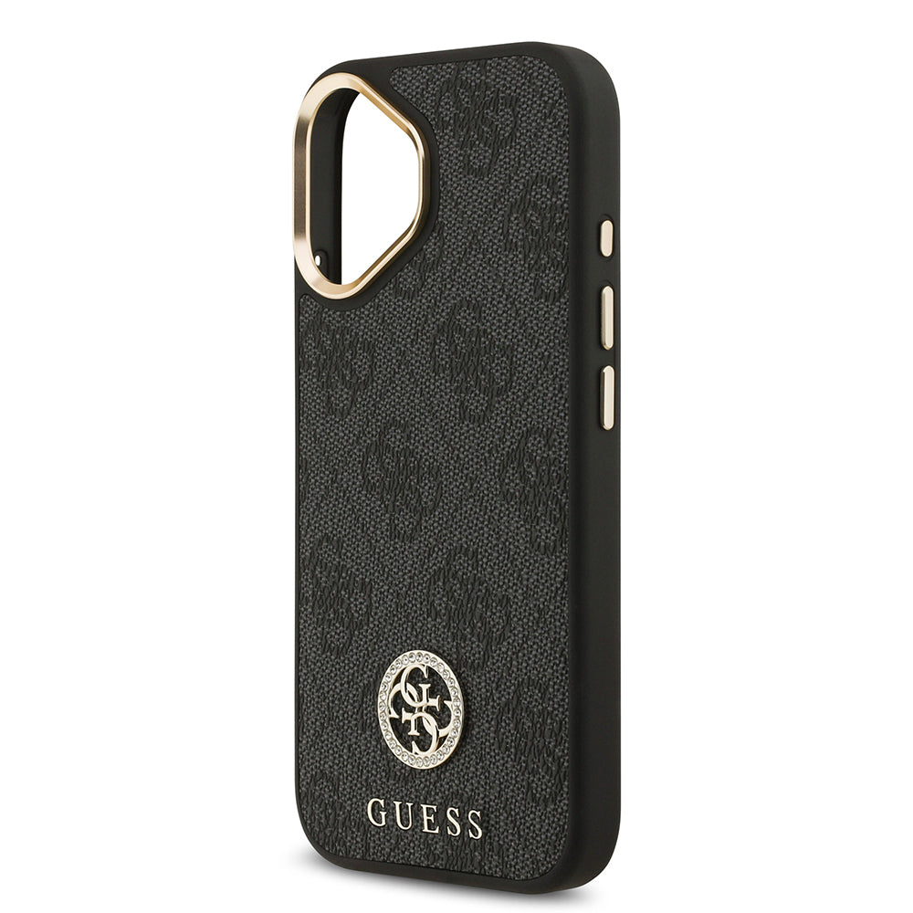 Guess iPhone 17 Orjinal Lisanslı M-safe Şarj Özellikli Gold Metal Kamera Çerçeveli Taşlı 4G Logolu Kılıf