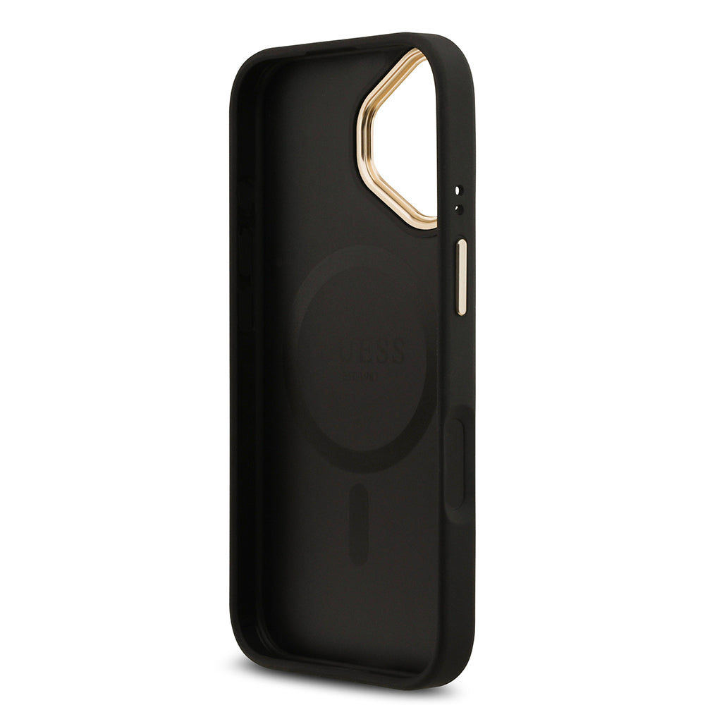 Guess iPhone 17 Orjinal Lisanslı M-safe Şarj Özellikli Gold Metal Kamera Çerçeveli Taşlı 4G Logolu Kılıf