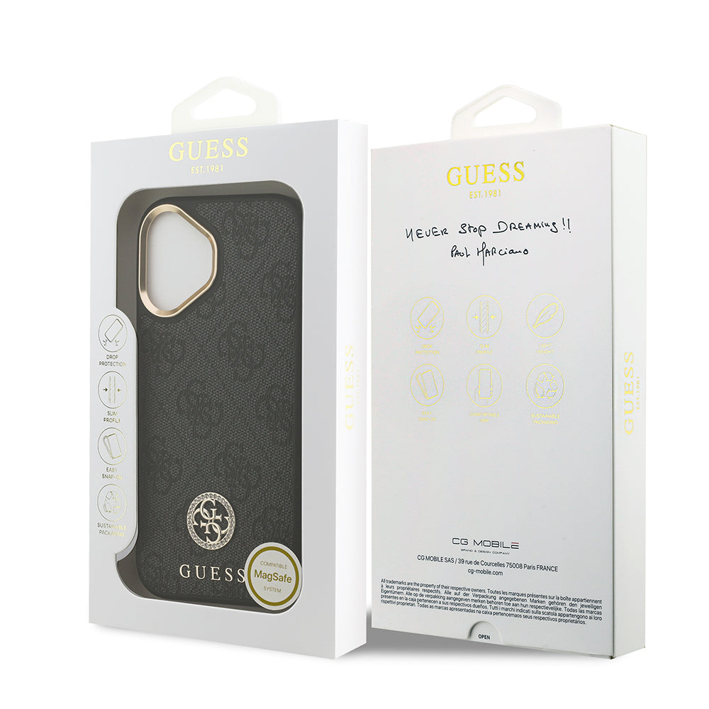 Guess iPhone 17 Orjinal Lisanslı M-safe Şarj Özellikli Gold Metal Kamera Çerçeveli Taşlı 4G Logolu Kılıf