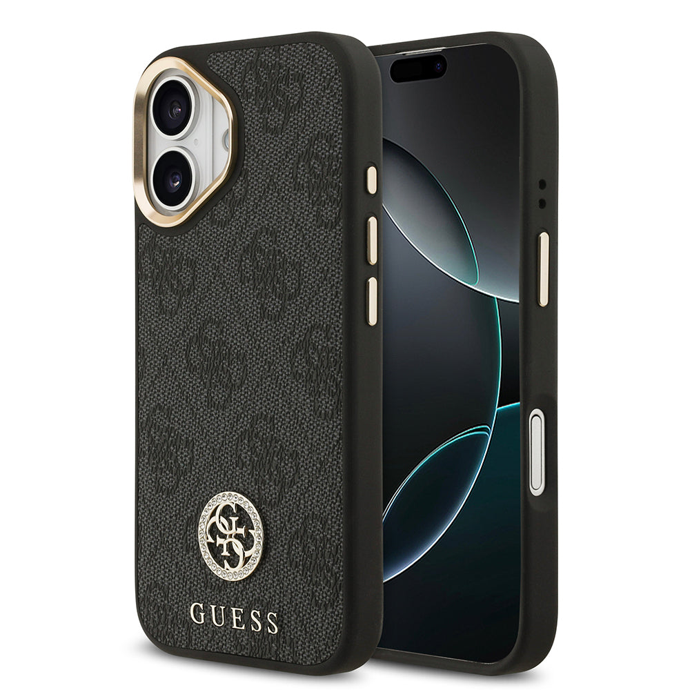 Guess iPhone 17 Orjinal Lisanslı M-safe Şarj Özellikli Gold Metal Kamera Çerçeveli Taşlı 4G Logolu Kılıf