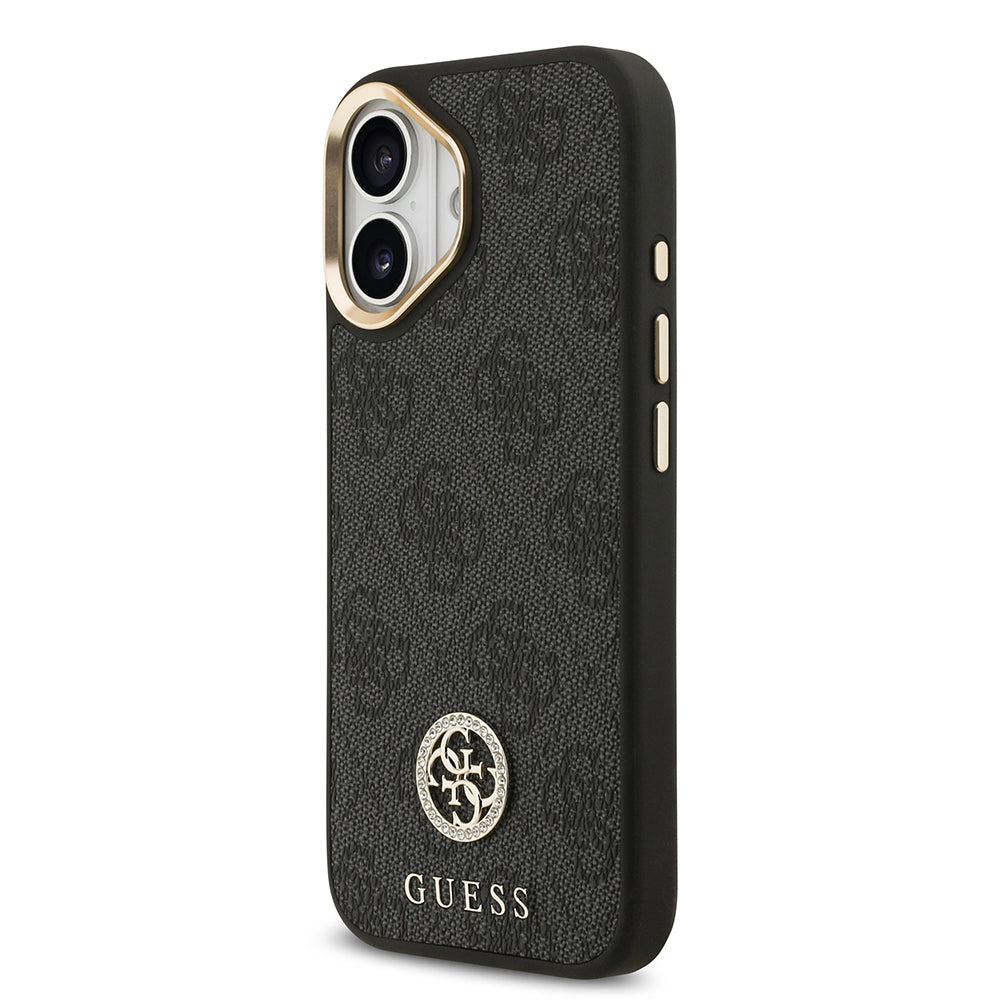 Guess iPhone 17 Orjinal Lisanslı M-safe Şarj Özellikli Gold Metal Kamera Çerçeveli Taşlı 4G Logolu Kılıf