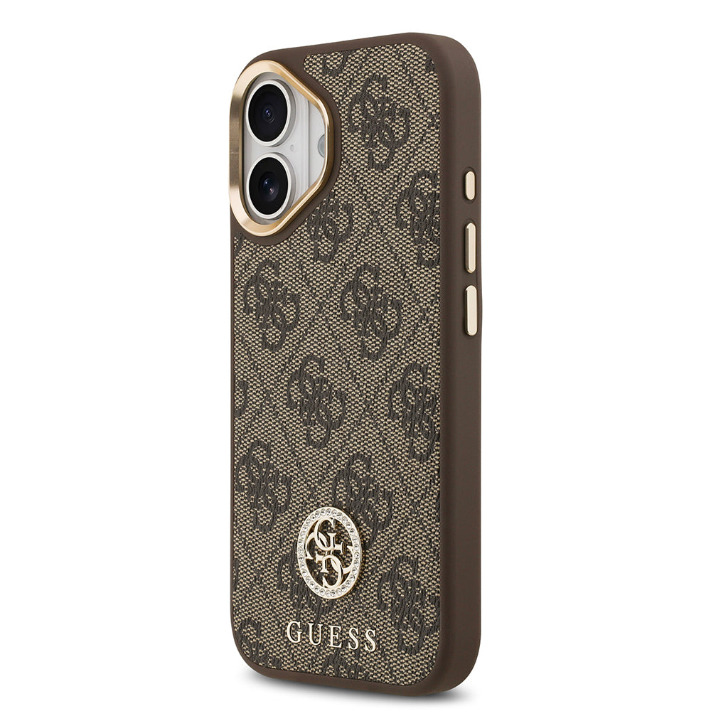 Guess iPhone 17 Orjinal Lisanslı M-safe Şarj Özellikli Gold Metal Kamera Çerçeveli Taşlı 4G Logolu Kılıf